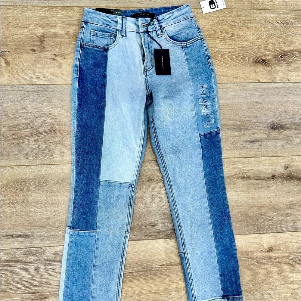 NWT Flying Monkey Multi-Blue Straight Patchwork Leg Mom Jeans